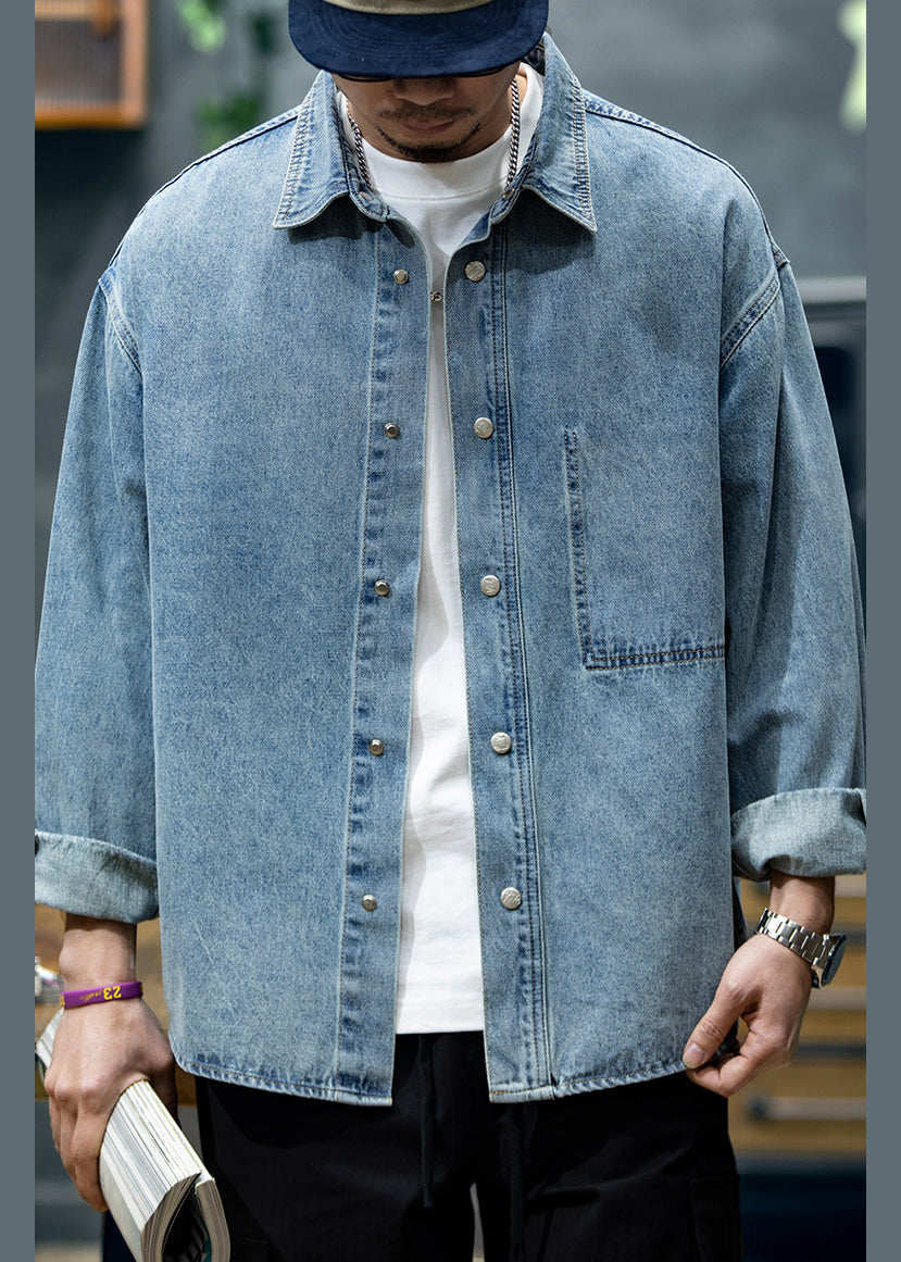Spring Denim Collar Button Shirt Peter Men Blue New Pan