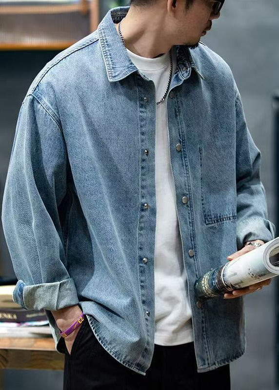 Spring Denim Collar Button Shirt Peter Men Blue New Pan