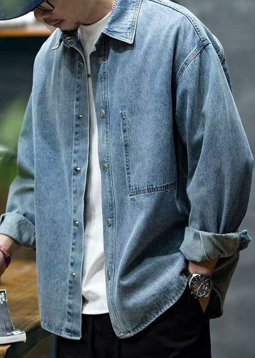 Spring Denim Collar Button Shirt Peter Men Blue New Pan