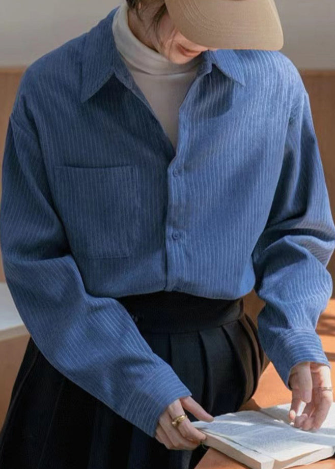 New Blue Peter Pan Collar Button Patchwork Corduroy Blouses Fall TU041