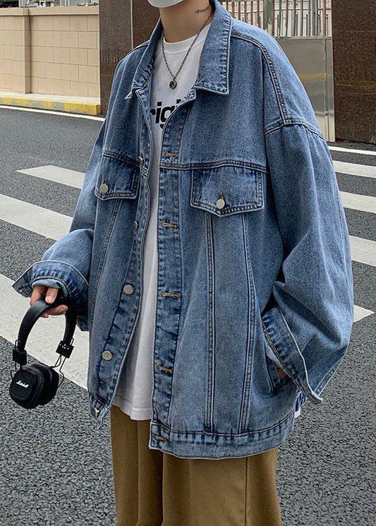 Blue Men Button Collar Peter Denim Pan Spring Pockets Coat New