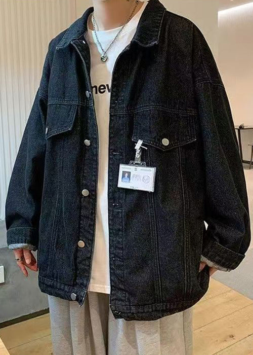 Blue Men Button Collar Peter Denim Pan Spring Pockets Coat New