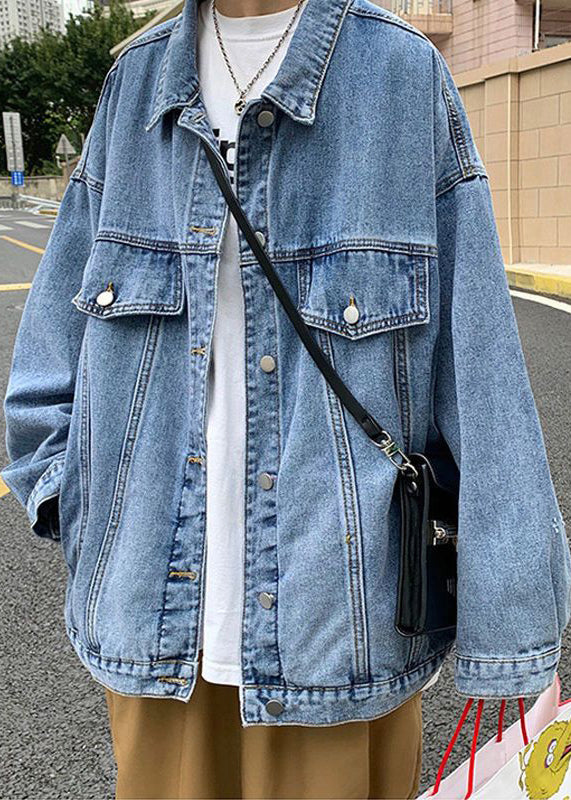 Blue Men Button Collar Peter Denim Pan Spring Pockets Coat New