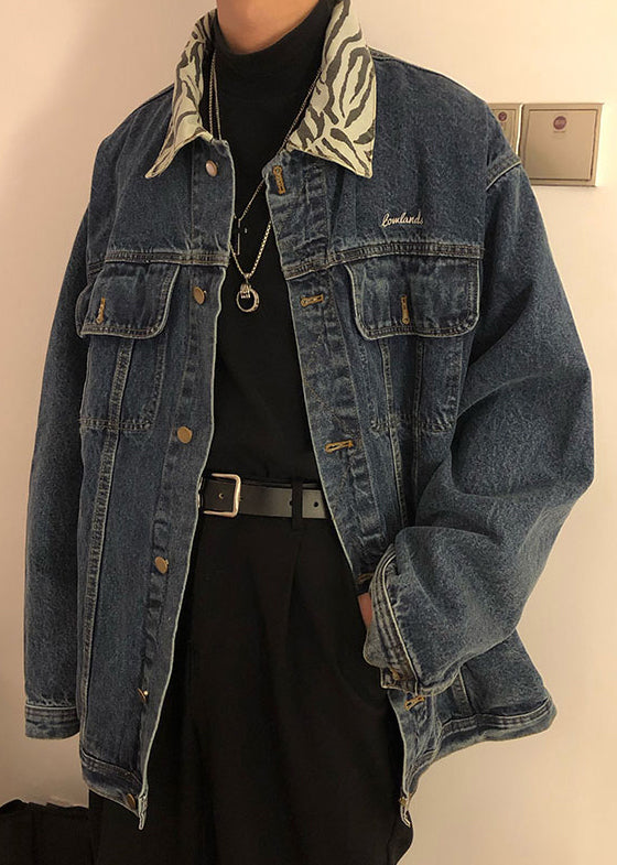 New Blue Peter Pan Collar Pockets Denim Mens Coat Spring TC047