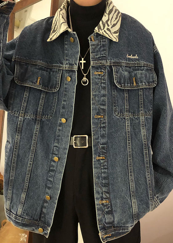 New Blue Peter Pan Collar Pockets Denim Mens Coat Spring TC047