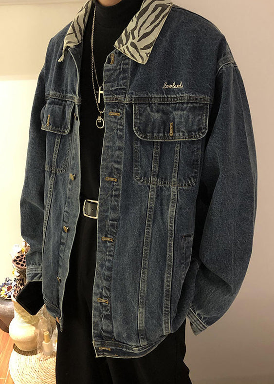 New Blue Peter Pan Collar Pockets Denim Mens Coat Spring TC047