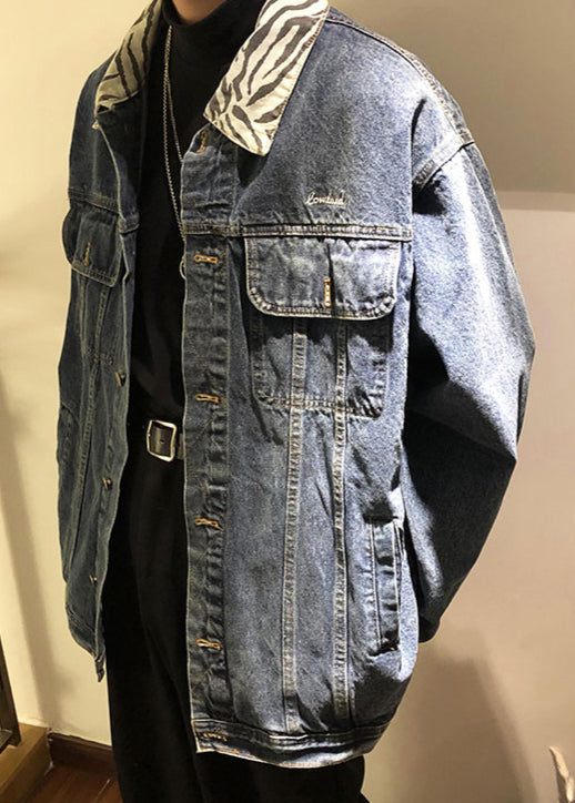 New Blue Peter Pan Collar Pockets Denim Mens Coat Spring TC047