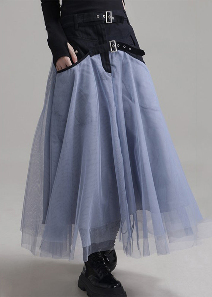 New Blue Pockets Elastic Waist Patchwork Tulle Skirt Summer Ada Fashion