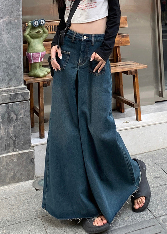 Neu Blau Taschen Hohe Taille Denim Hosen Herbst