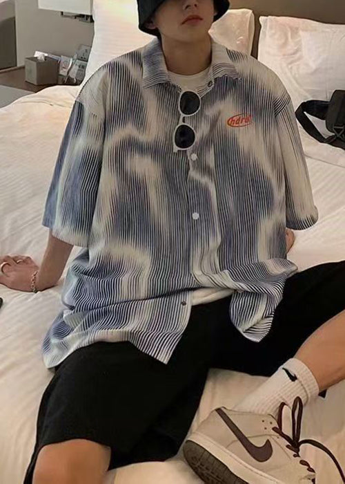 Blue Shirts Half New Striped Sleeve Mens Button Cotton