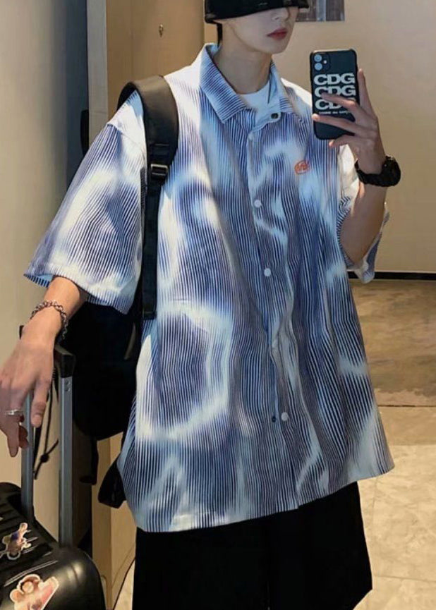 Blue Shirts Half New Striped Sleeve Mens Button Cotton