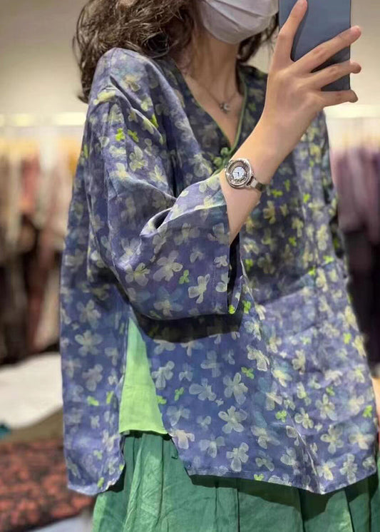 New Blue V Neck Print Cotton Shirt Bracelet Sleeve SS027