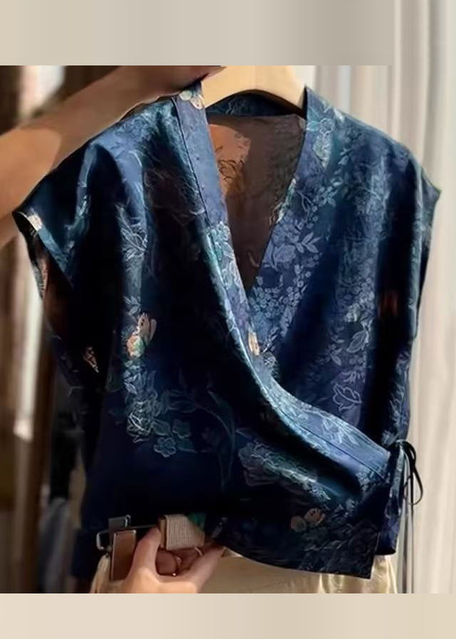 New Shirt V Neck Lace Silk Blue Print Summer Up