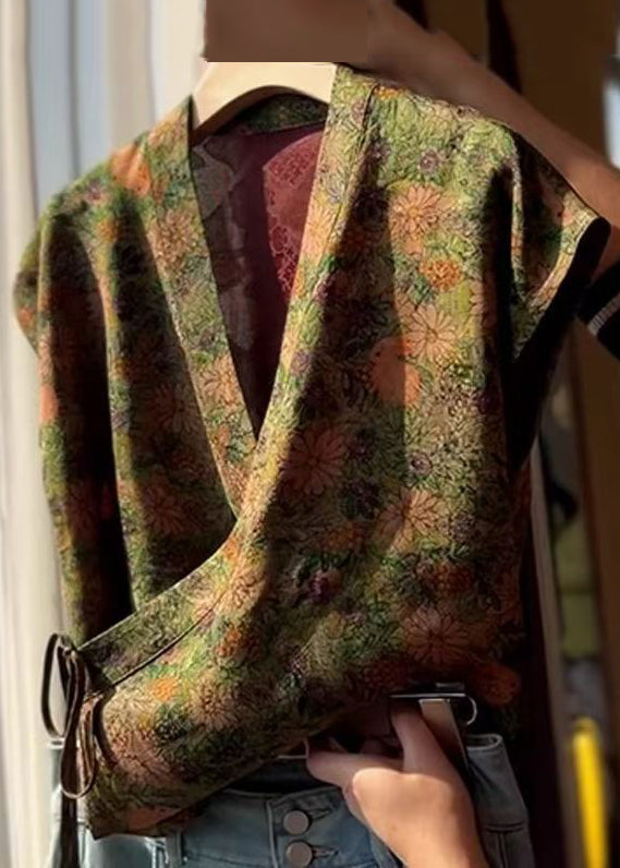 New Shirt V Neck Lace Silk Blue Print Summer Up