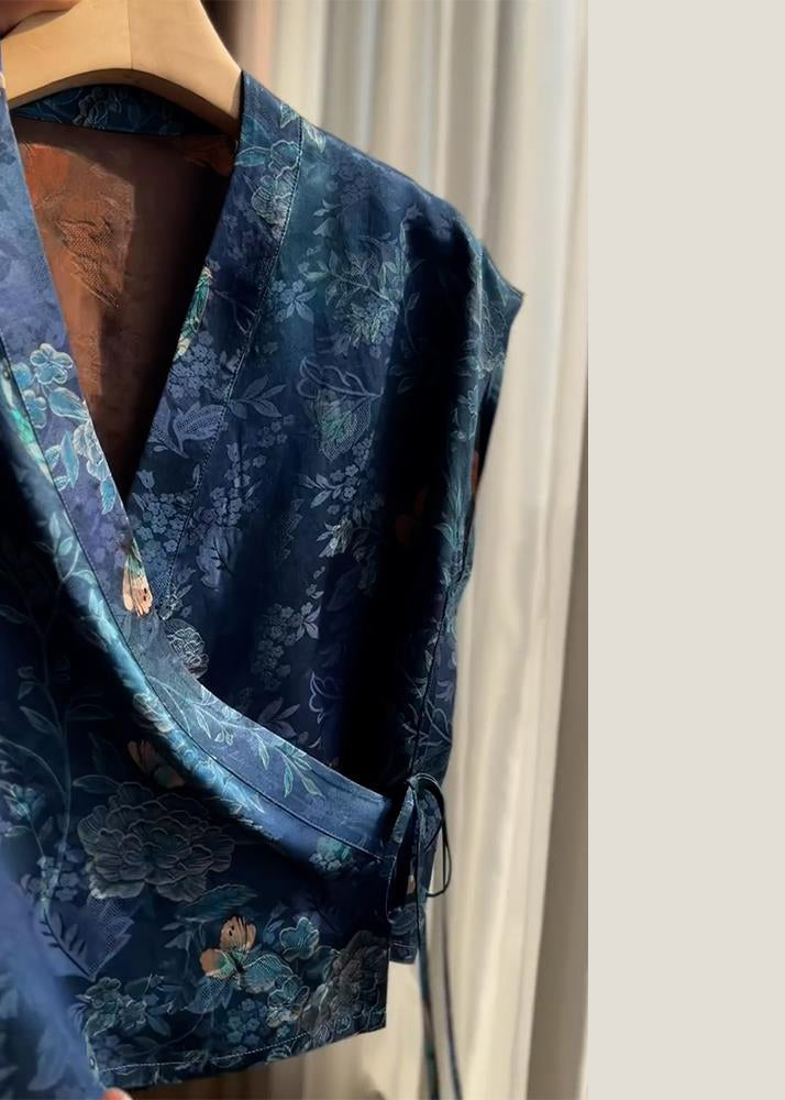 New Shirt V Neck Lace Silk Blue Print Summer Up