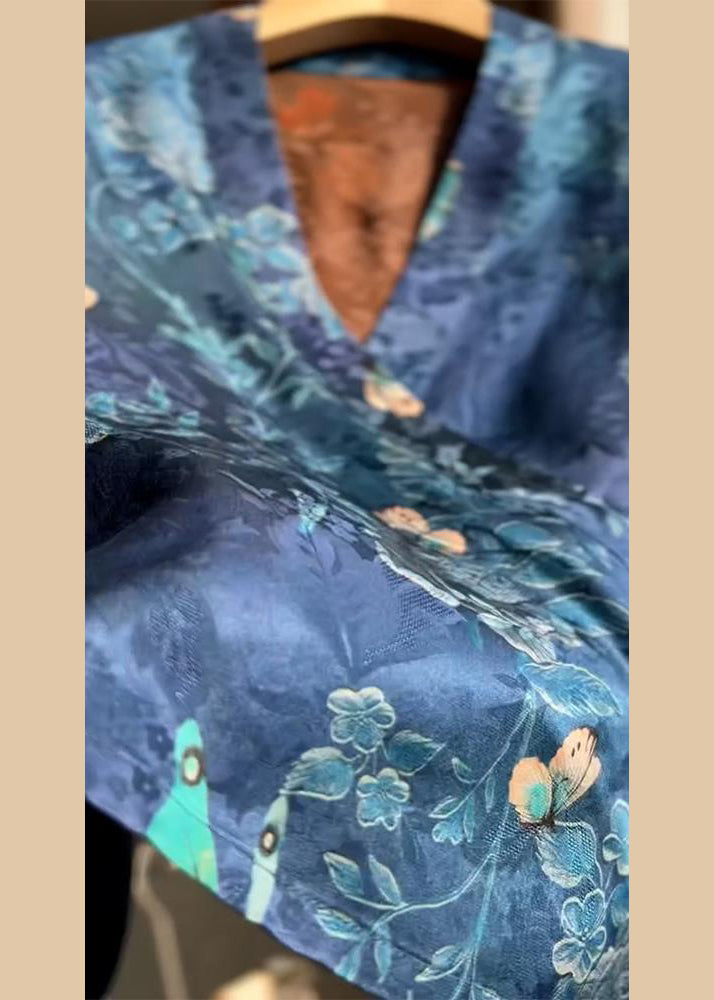 New Shirt V Neck Lace Silk Blue Print Summer Up
