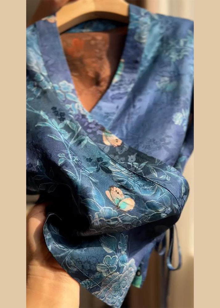 New Shirt V Neck Lace Silk Blue Print Summer Up