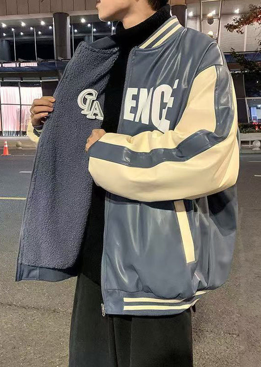 New Blue Wear On Both Sides Thick Patchwork Faux Leather Mens Coat Spring TC005