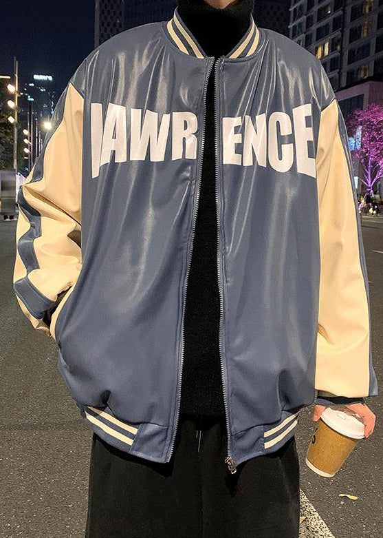 New Blue Wear On Both Sides Thick Patchwork Faux Leather Mens Coat Spring TC005