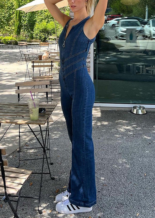 Backless Denim Sleeveless New Zip Blue Jumpsuit Up