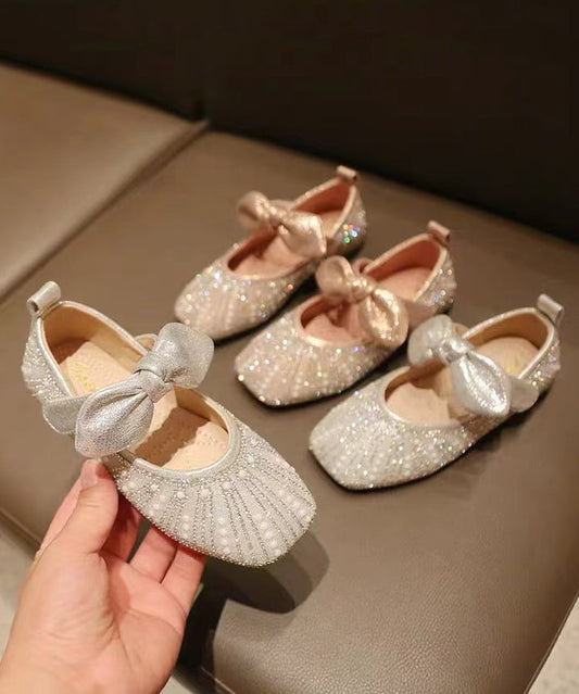 New Nail Bead Shoes Faux Bow Zircon Flat Silver Kids Girls