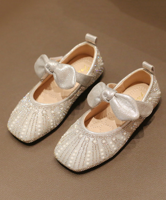 New Nail Bead Shoes Faux Bow Zircon Flat Silver Kids Girls