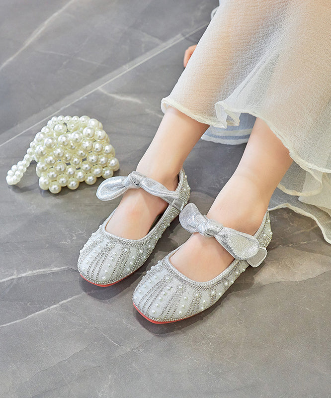 New Nail Bead Shoes Faux Bow Zircon Flat Silver Kids Girls