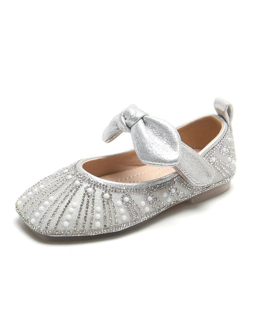 New Nail Bead Shoes Faux Bow Zircon Flat Silver Kids Girls