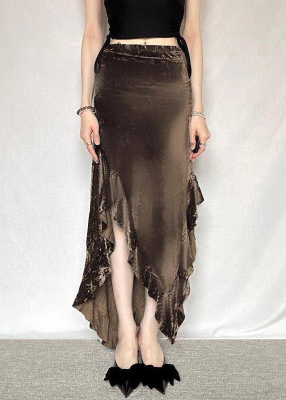 Elastic Waist Asymmetrical New Velvet Silk Brown Summer Skirt