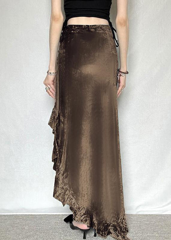 Elastic Waist Asymmetrical New Velvet Silk Brown Summer Skirt