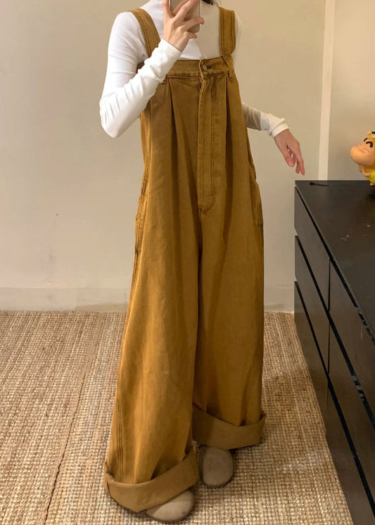 Jumpsuits Sleeveless New Denim Brown Button Solid