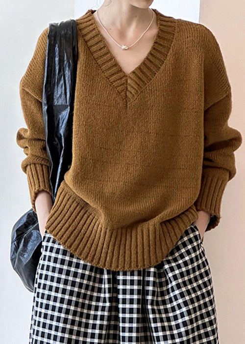 New Brown Hollow Out Cozy Cotton Knit Sweaters Long Sleeve