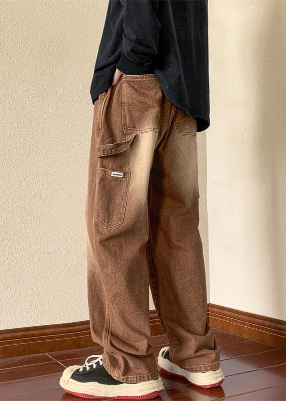 New Spring Brown Pockets Pants Elastic Denim Waist Men