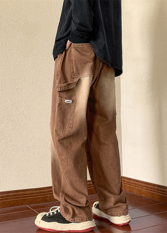 New Spring Brown Pockets Pants Elastic Denim Waist Men