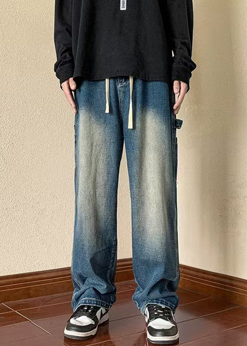 New Spring Brown Pockets Pants Elastic Denim Waist Men