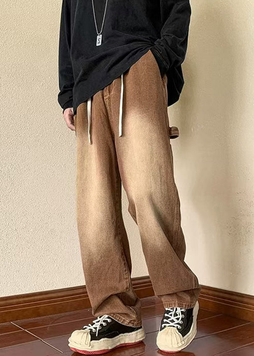 New Spring Brown Pockets Pants Elastic Denim Waist Men