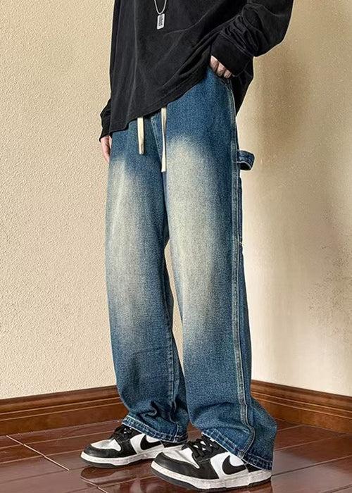 New Spring Brown Pockets Pants Elastic Denim Waist Men