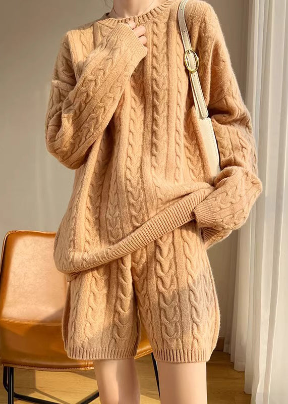 New Camel O Neck Solid Cozy Wool Knit Two Pieces Set Winter WQ041