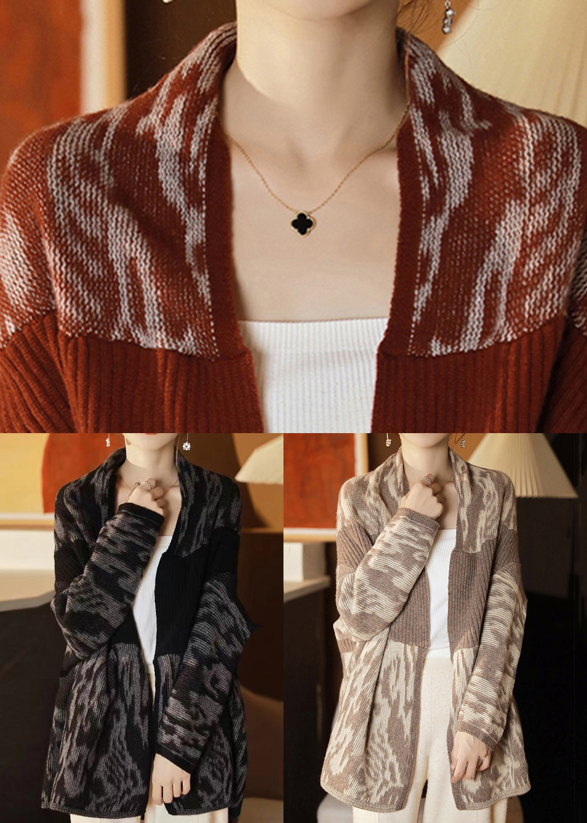 New Camel Pockets Patchwork Wool Knit Cardigan Batwing Sleeve Ada Fashion