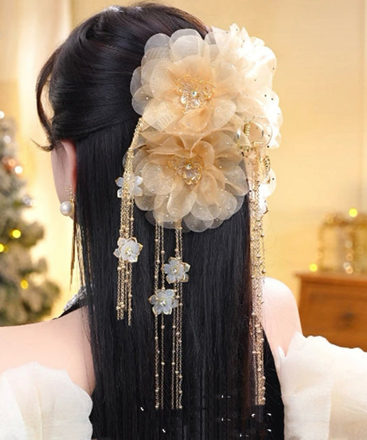 New Zircon Hairpin Tassel Floral Butterfly Tulle Champagne