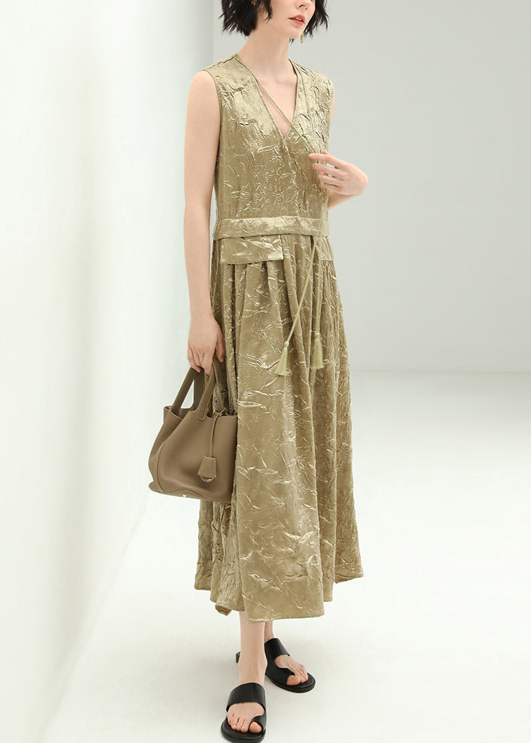 New Champagne V Neck Tasseled Silk Long Dresses Sleeveless AA1042