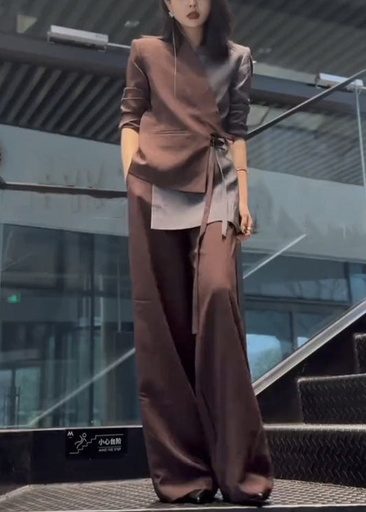 Patchwork Pieces Coffee Two Cotton Lace Up Set Asymmetrical New