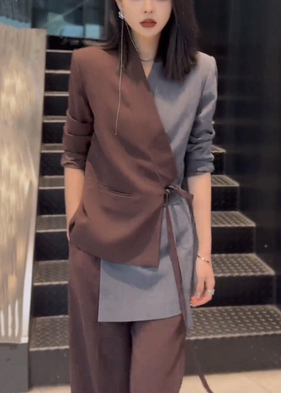 Patchwork Pieces Coffee Two Cotton Lace Up Set Asymmetrical New