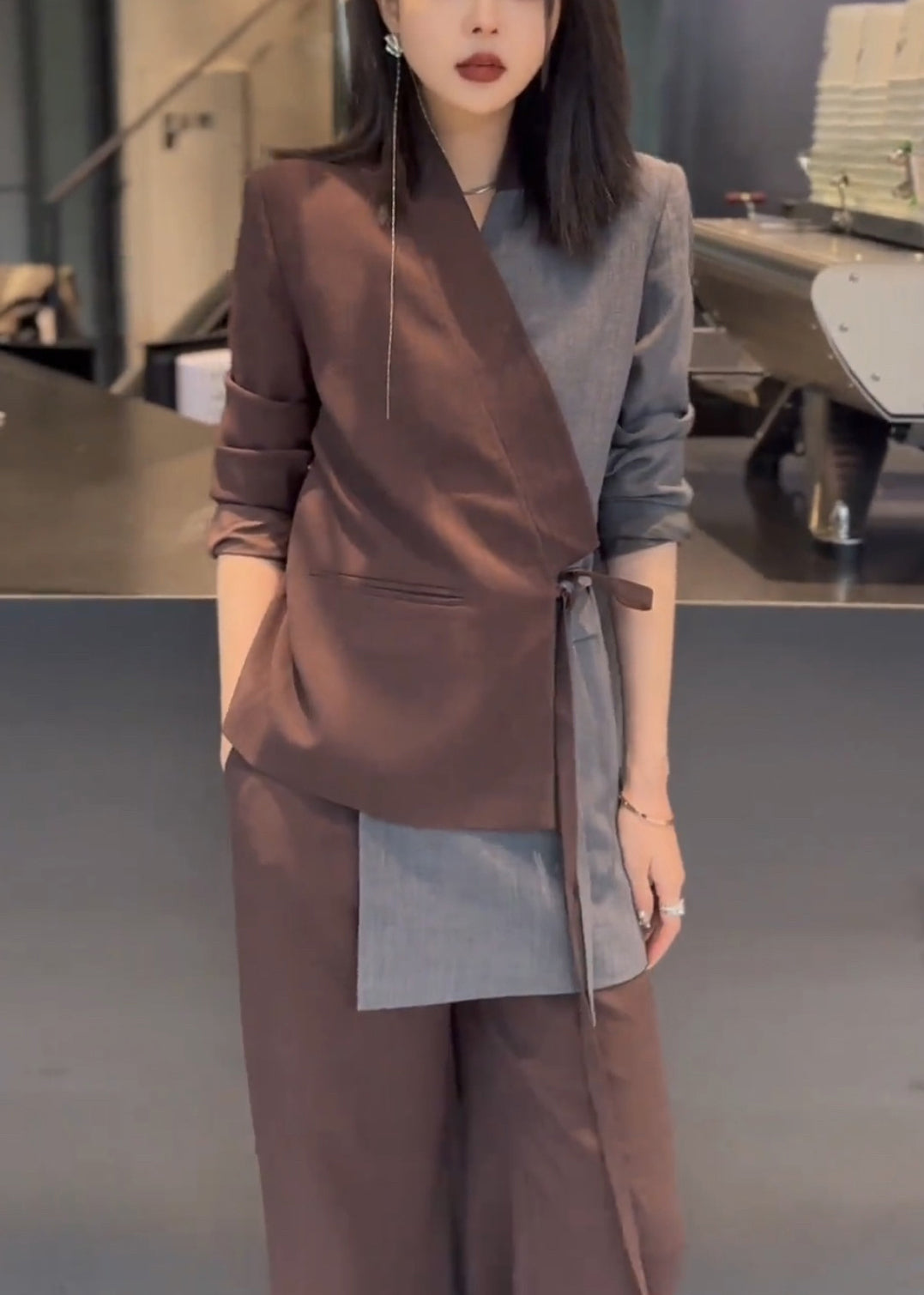 Patchwork Pieces Coffee Two Cotton Lace Up Set Asymmetrical New