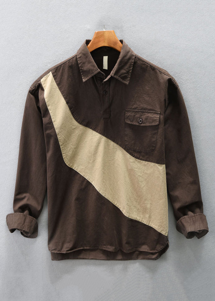 New Coffee Button Patchwork Cotton Mens Polo Shirts Spring TC031