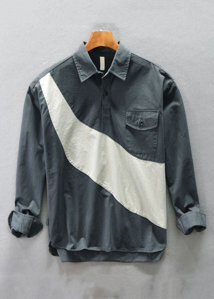 New Coffee Button Patchwork Cotton Mens Polo Shirts Spring TC031