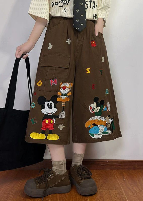 Denim Summer Crop Print Mens Coffee Pants New Pockets Cartoon