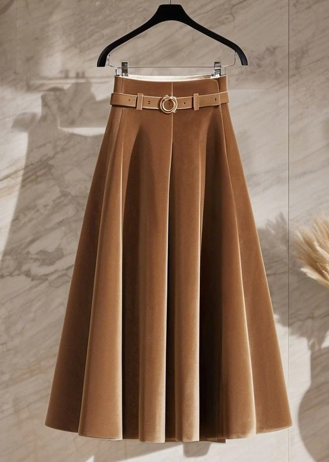 New Coffee High Waist Solid Silk Velvet Skirts Spring YW001