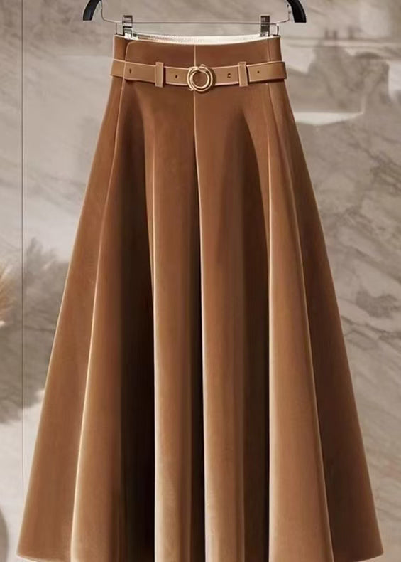New Coffee High Waist Solid Silk Velvet Skirts Spring YW001