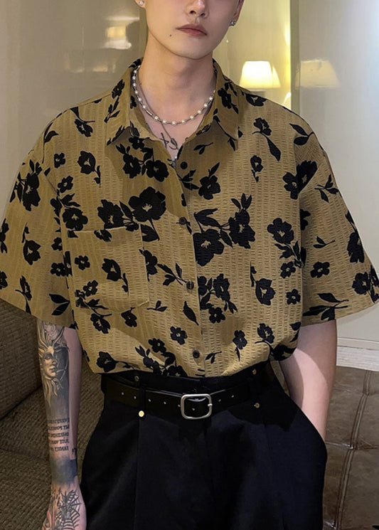 Neu Kaffee Peter Pan Kragen Druck Männer Hawaiian Shirts Sommer HG018